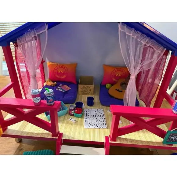 American Girl Retired Camp Hangout Tent Cabin Games with Campfire Set bench